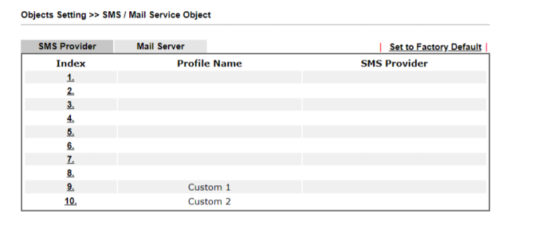 a screenshot of Mail/SMS server profile list